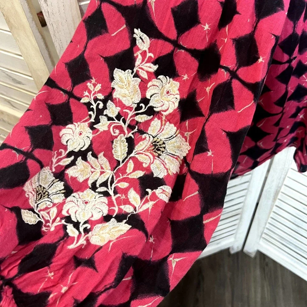 Sundance Women's Hyacinth Batik Print Gauzy Embroidered Top Bright Pink Black L - Picture 10 of 14